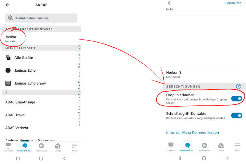 Die Drop in Funktion wird in der Alexa App eingerichtet